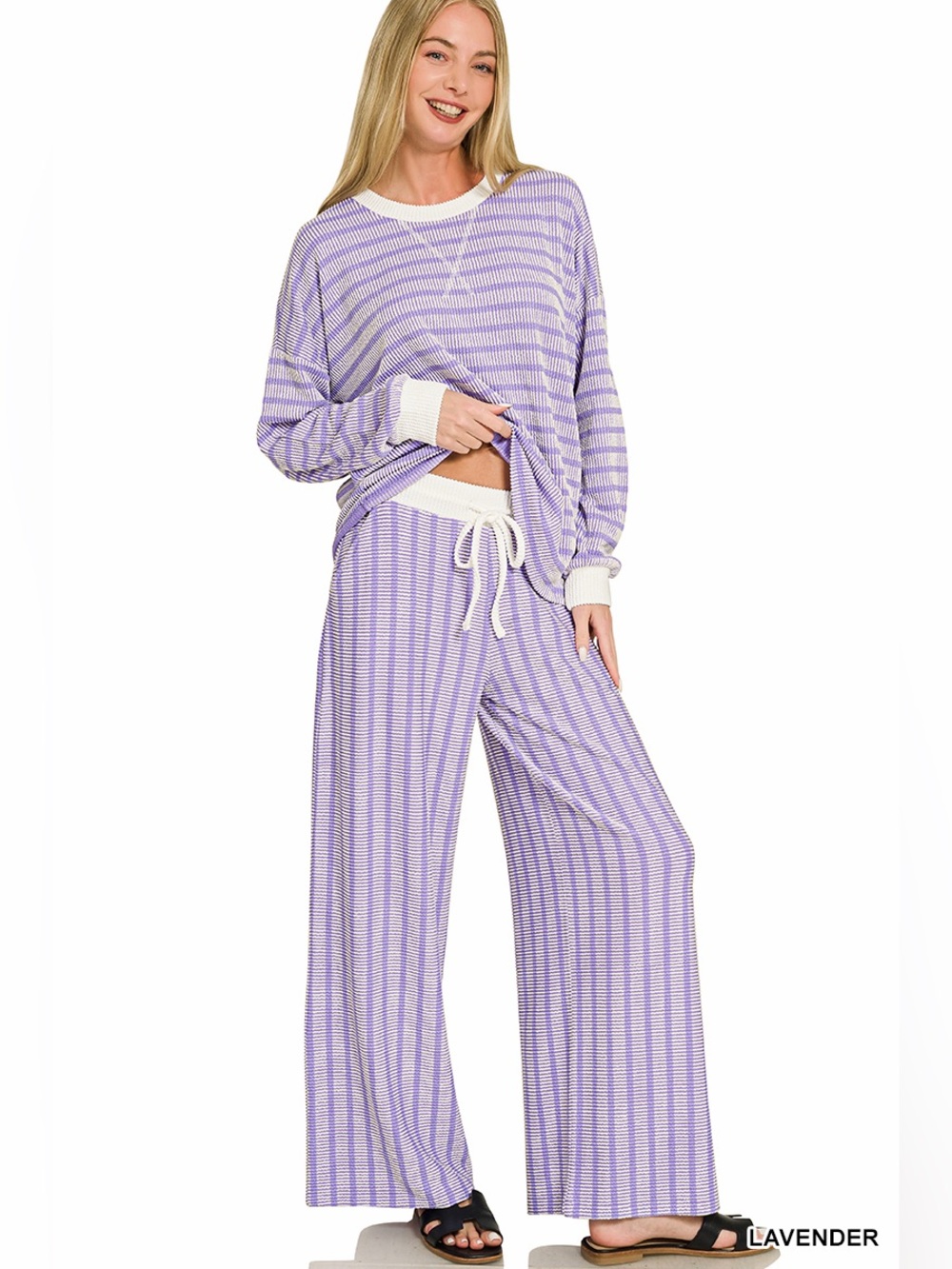 ZENANA RAISED RIB STRIPED PULLOVER & PANTS SET - LAVENDER